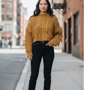 POL Mustard Yellow Cable Knit Shaggy Fringe Cropped Mock Neck Sweater S Boho